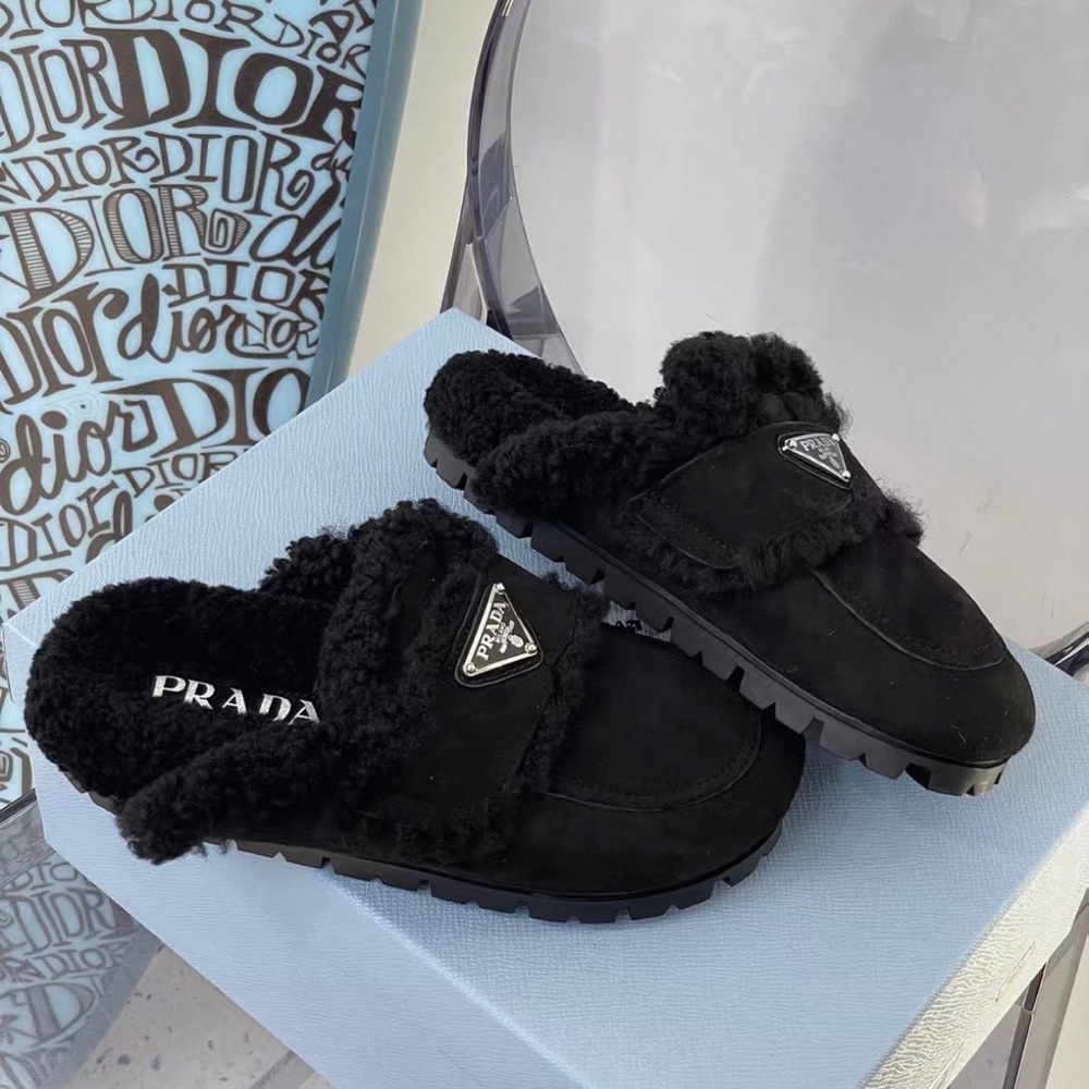 Prada Women's Black Shearling Mules